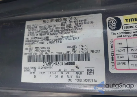 2012 Ford Fusion Se z USA, uszkodzony, nr VIN 3FAHP0HA6CR160888